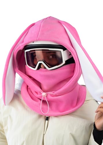Fleece Balaclava Over Helmet - Warm Helmet Ninja Hood - Snowboard Hooded Hat Neck Gaiter Ski Mask - color: Pink&white|bunny, size: One Size
