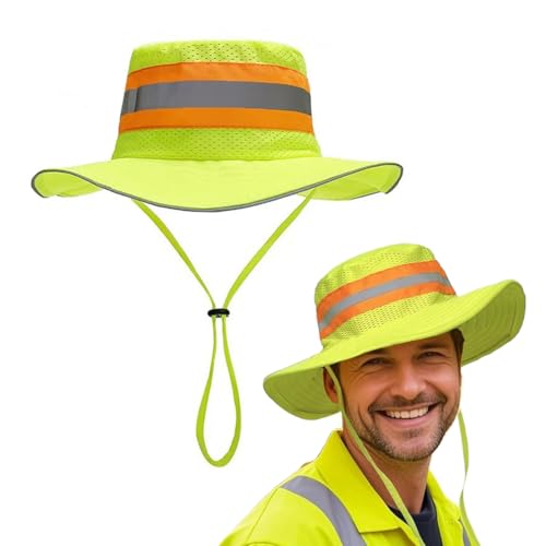 High Visibility Reflective Sun Hat Mesh Work Safety Boonie Hat UPF50+ Wide Brim Bucket Cap for Outdoor Hiking Men Women - color: Green