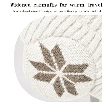 Knit Beanie Hat with Earflaps – Winter Warm Thick Fleece Lined Ski Skull Cap for Men Women - color: White