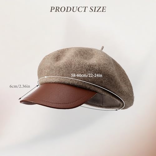 Andiker Beret Hats for Women, Warm Wool Blend and PU Leather Newsboy Hat, Fashion Vintage Ladies Winter Hat - color: Brown