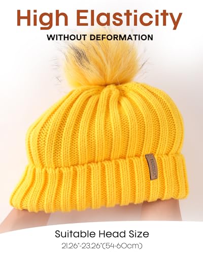 FURTALK Womens Winter Knitted Beanie Hat with Faux Fur Pom Warm Knit Skull Cap Beanie for Women - color: Yellow With Yellow Pom