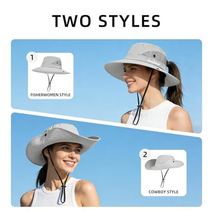 Rosoz Ponytail Sun Bucket Hats for Women UV Protection Foldable Wide Brim - color: 1 Pack-pure Light Grey