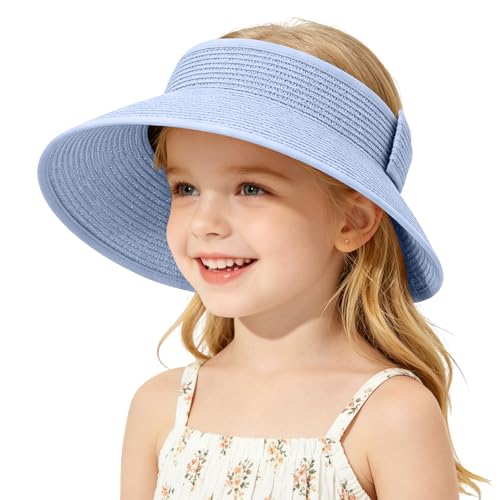 Girls Sun Visor Hat with Ponytail Hole Wide Brim Beach Straw Visor UPF 50+ - color: 1pack-sky Blue