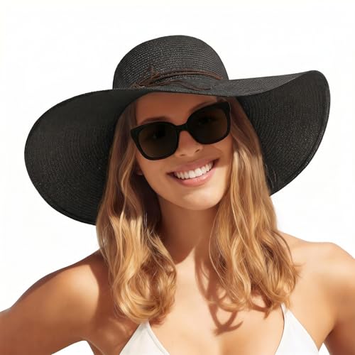 Women's Sun Straw Hat Wide Brim Floppy Foldable Hats Beach Travel Summer Vacation Hat UPF 50+ - color: Black