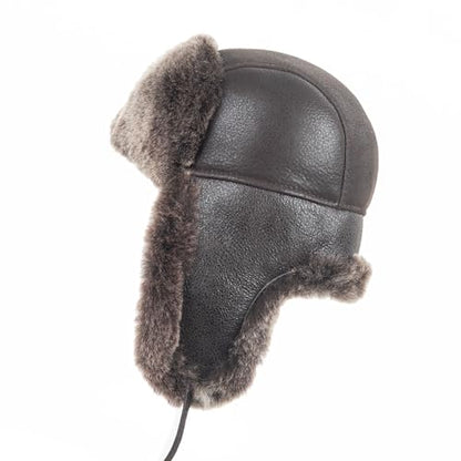 Zessano Leather Aviator Russian Ushanka Trapper Winter Fur Hat - Unisex Shearling 100% Leather Sheepskin Hats for Men Women