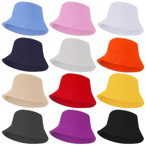 12 Pcs Bucket Hats - Plain Bucket Sun Hats for Men and Women, Unisex Solid Color Summer Caps, Foldable Cotton Fisherman Hats for Outdoor Walking, Hiking, Fishing, Travel