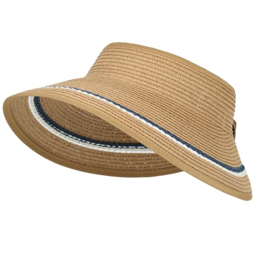 Sun Visor Hats for Women Packable Straw Hat for Travel, UPF 50+Summer Wide Brim Ponytail Beach Hat