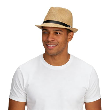Straw Fedora Hat for Men Women Short Brim Trilby Hat Packable Roll Up Panama Jazz Cap Summer Beach Sun Cap - color: Dark Brown