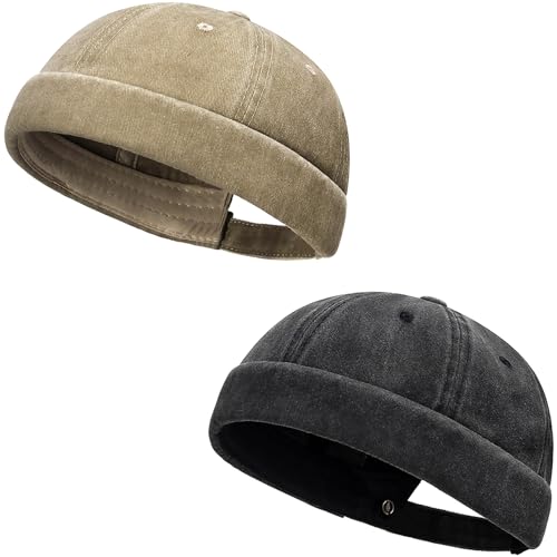 Initlove Docker Hat for Men Vintage Brimless Sailor Hat Beanie Cap - color: Black + Khaki
