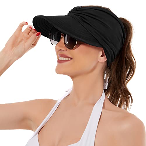 American Trends Wide Brim Visor for Women Lightweight Packable Ponytail Hat - color: Black
