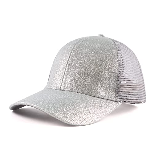 Zsedrut Girls Glitter Baseball Cap Kids Adjustable Ponytail Hat Toddler Summer Mesh Trucker Hats - color: Silver