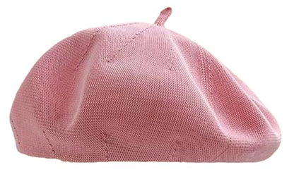 Epsion Women's Cotton Knitted Beret Hat Summer Breathable British Retro Artist Painter Hats Slouchy Solid Color Beanies - color: Pink
