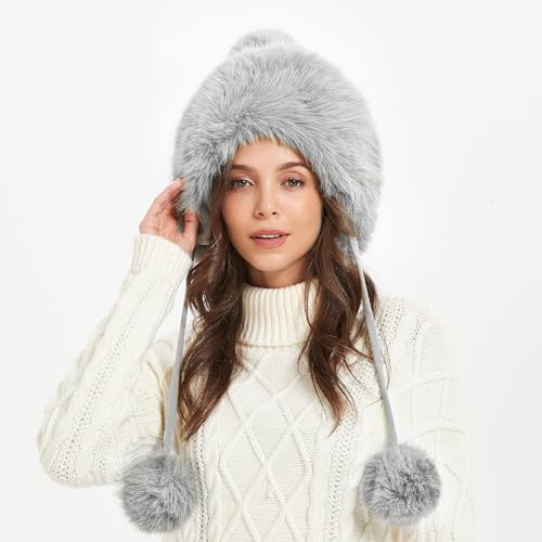 Winter Hats Cute Kint Hat Russian Fur Crochet Hat Slouchy Beanies with Pompom Warm Fuzzy Snow Cap Trapper Hat for Women - color: Gray