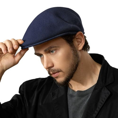 Wool Blend Mens Newsboy Caps, Classic Flat Cap Ivy Cabbie Gatsby Hat Winter Beret Hat for Men - color: Navy Blue