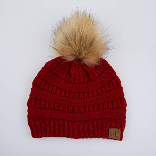 C.C Fur Pom Winter Fall Trendy Chunky Stretchy Cable Knit Beanie Hat - color: Solid Red