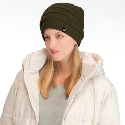 C.C Beanie Oversized Hat with Fuzzy Lining – Thick Knit Thermal Beanie for Cold Weather, Soft Warm Fleece Lined Cap - color: Dark Green