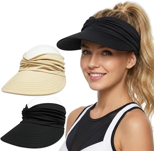 2 Pack Sun Visor Hat Wide Brim Womens Beach Hats Foldable Golf Women Visors - color: Black, Beige