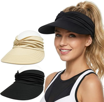 2 Pack Sun Visor Hat Wide Brim Womens Beach Hats Foldable Golf Women Visors - color: Black, Beige