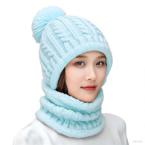 HUAMULAN Women Winter Knit Beanie Hats One Piece Fleece Lined Balaclavas - color: Light Blue