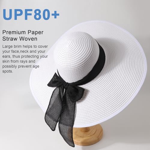 DRESHOW Beach Hats for Women Big Straw Wide Brim Summer Hat Floppy Foldable Roll up Cap Sun Hat UPF 50+ - color: White (Black Band) /Normal Edge