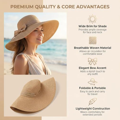 ericotry Womens Folable Floppy Hat Wide Floppy Brim Summer Beach Sun Hat Large Brimmed Garden Beach Sun Hat Big Summer Straw Cap Party Garden Travel (Khaki)
