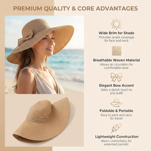 ericotry Womens Folable Floppy Hat Wide Floppy Brim Summer Beach Sun Hat Large Brimmed Garden Beach Sun Hat Big Summer Straw Cap Party Garden Travel (Khaki)