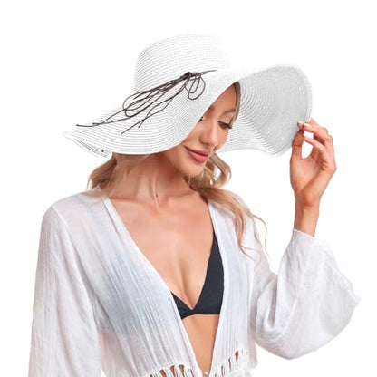 Beach Hats for Women, Straw Sun Hat Floppy Wide Brim, Foldable UPF 50+ UV Protection Summer Hat - color: White