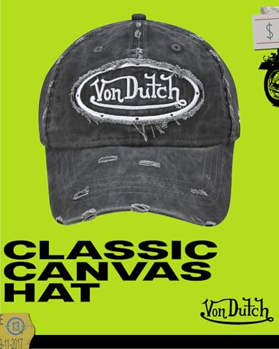 Von Dutch Unisex Cotton Canvas Baseball Cap, Curved Brim, Snapback - color: Black Distressed With Patched