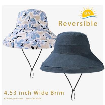 vidsel Womens Sun Hats Wide Brim Reversible Bucket Cotton Hat with Hat Clip - color: Navy Blue, size: Medium