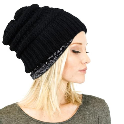 AIBFRID 2 Packs Winter Hats for Women Beanie Satin Lined Acrylic Cable Knit Chunky Warm Soft Slouchy Cuffed Cap - color: Black