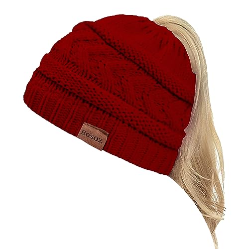 Rosoz 2 Pack Ponytail Beanie for Women,Winter Warm Beanie Tail Soft Stretch Cable Knit Messy High Bun Hat - color: 1pack-wine Red