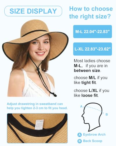 Sun Hats for Women, Summer Wide Brim Straw Beach Hat - color: Khaki Black, size: Large