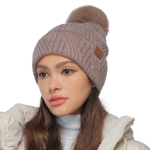 C.C Sequin Pom Beanie for Women - Acrylic Stretchable Soft Warm Knit Winter Skully Hat with Yarn Pom - color: Angora-taupe