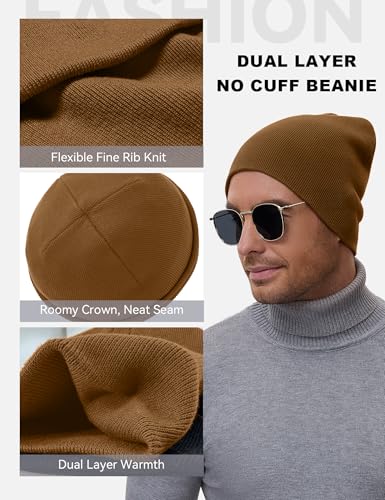 ROYBENS 100% Cotton No Cuff Beanie Hat Men Women, Fisherman Skull Cap - color: Light Coffee