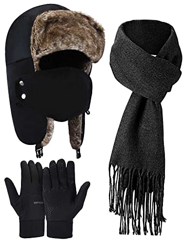 Zhehao Winter Trapper Hat Gloves Scarf Set for Men Waterproof Plush Lined Trapper Hat Touchscreen Glove Warm Soft Scarf - color: Black