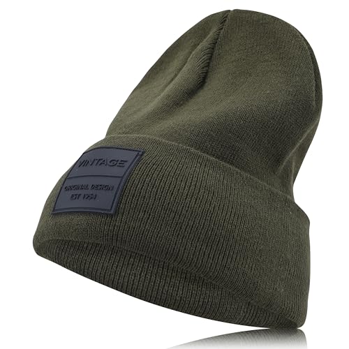 VINTAGE HAVANA Beanie for Women & Men | Thick Cuffed Knitted Winter Hat Beanies Unisex Skull Caps| Vintage Logo Patch - color: Green