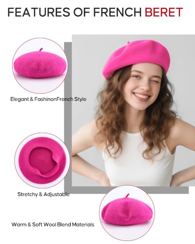 French Beret Hats for Women - Wool Solid Color Beanie Cap - color: Rose Red
