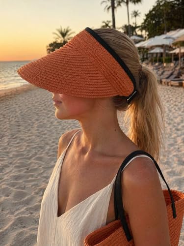 Sun Visor Hat for Women Summer Beach Vacation Essential Ponytail Friendly Travel Foldable Packable UPF 50+ - color: Orange