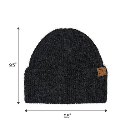C.C Fuzzy Beanie for Women Unisex - Acrylic Stretchable Soft Warm Knit Winter Skully Hat - color: Recycled Yarn-black