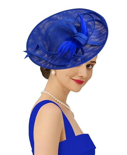 Kidukso Fascinators Hat 20s 50s for Women Derby Hat Vintage Feather Headband for Tea Party Church Wedding Cocktail - color: Royal Blue