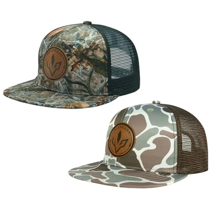 BASSDASH 2 Pack Flat Brim Trucker Cap Adjustable Snapback Hat Mesh Back for Men Women Fishing Hunting - color: Autumn Forest & Color Block Camo