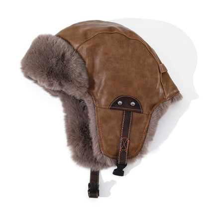 Faux Fur Trapper Hat Womens Winter Hats with Ear Flaps Leather Ushanka Russian Hat for Men Cossack Hunter Ski Caps - color: Mg-lfm25119-camel