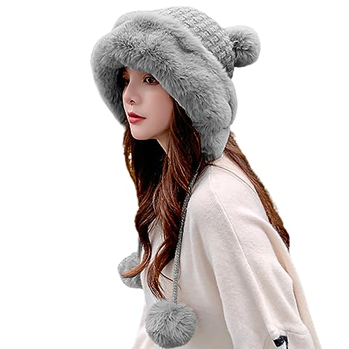 Winter Pompom Beanie Hats Women Knit Womens Beanie Faux Fur Crochet Skull Cap Warm Bucket Outdoor Ear Cover - color: Grey