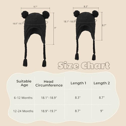 Durio Baby Winter Hat with Cute Pom Pom Earflap Warm Fleece Lining Baby Beanie for 6-24 Months Infant Toddler Boys and Girls - color: Black, size: 12-24 Months