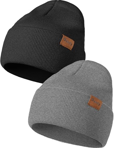 Beanie Hats for Men Women Knit Winter Hat, Warm Skull Stocking Cap, Striped Snow Hat Heated Cuffed Beanie - color: 2p-black+grey