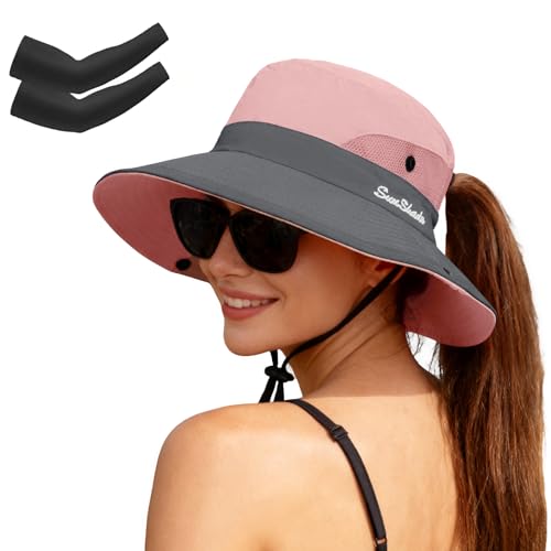 ZOORON Women's Ponytail Safari Sun Hat,Wide Brim UV Protection Bucket Hat - color: 1-pink/Arm Sleeves