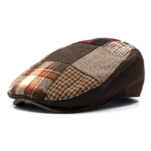 Men's Classic Patchwork Herringbone Checker Plaid Newsboy Ivy Hat Flat Cap - color: Red, size: Large-X-Large