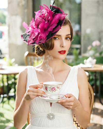 ORIDOOR Women Fascinators Derby Church Tea Party Wedding Flower Feathers Headpiece with Headband Clips - color: 02-rose Black