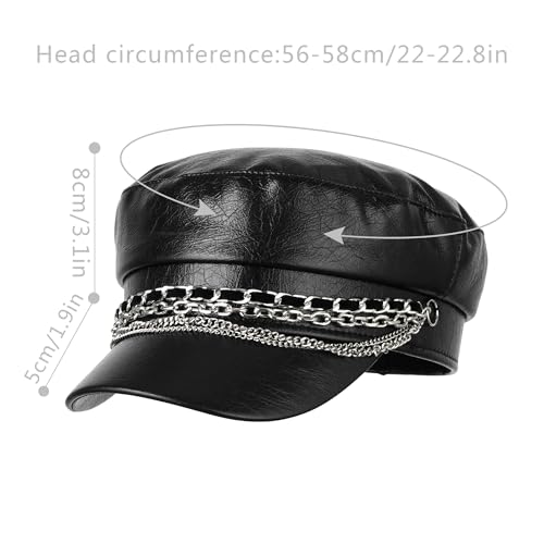 Women Metal Chain Flat Top PU Leather Newsboy Paperboy Hat Painter Cap - color: Chains Black