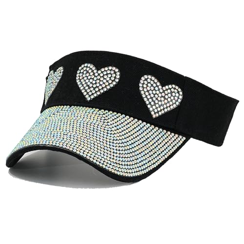 Bling Visor Shiny Rhinestones Sport Sun Adjustable Summer Cap Visor Caps for Women Men - color: Heart-black